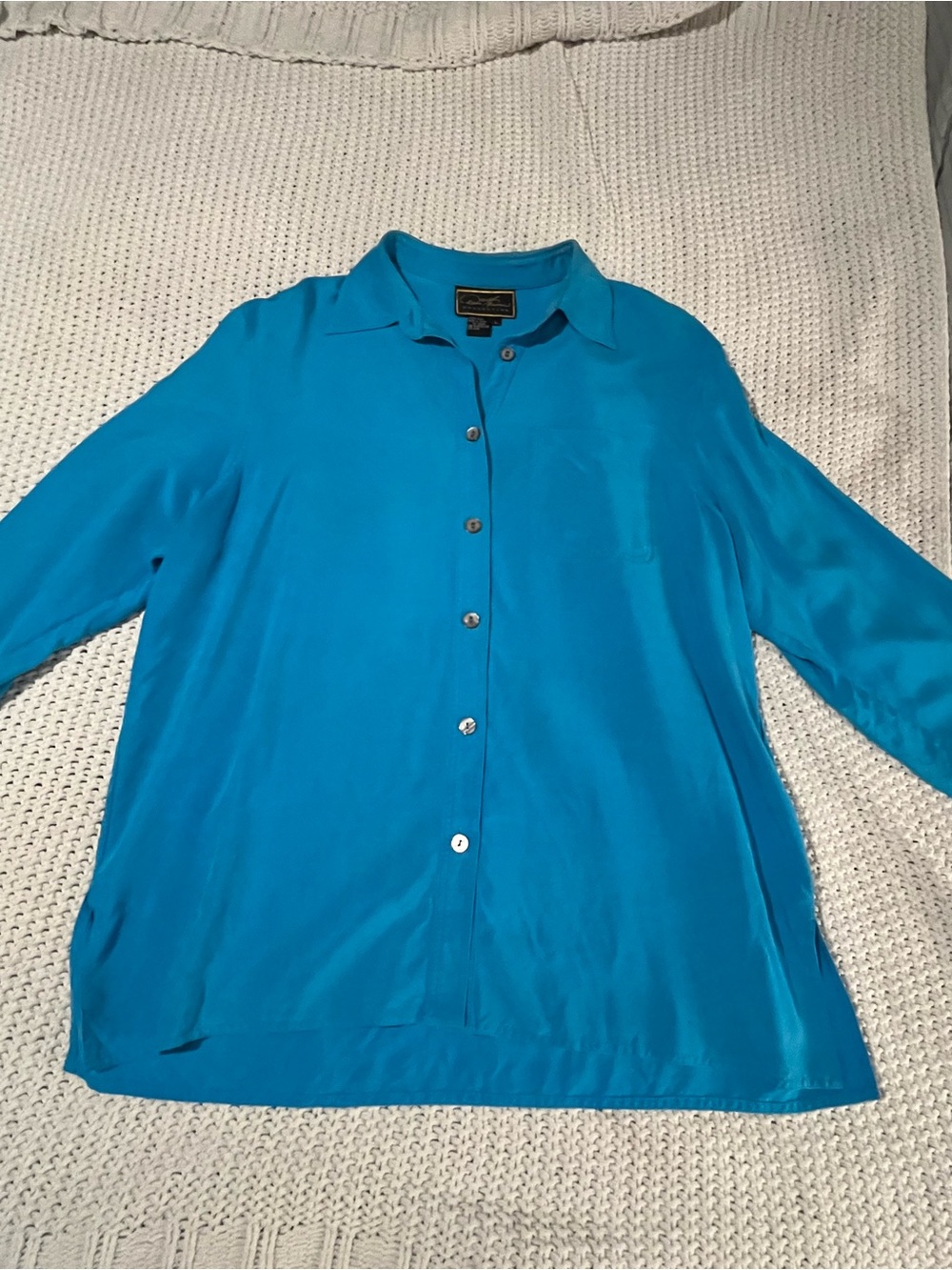 David Brooks Collection 100% Silk Blue Button Down Blouse L
